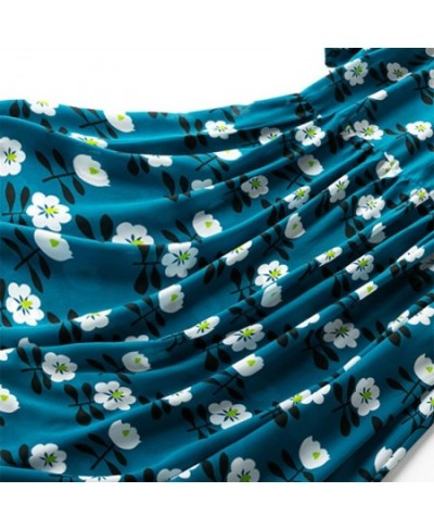 Women 100% Mulberry Silk Midi Dress Turquoise blue Floral Printed Crew Neck Short Sleeve Loose Type Long Dress Big Hem MM775 ...