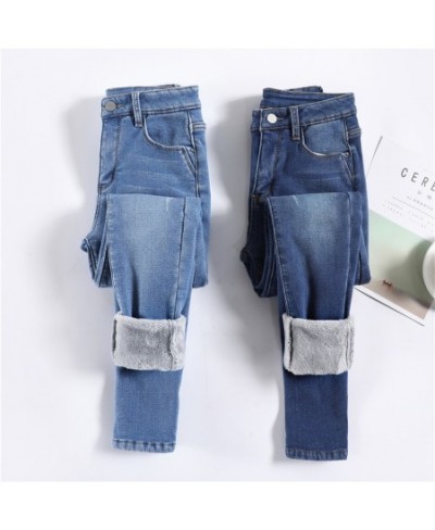 Women Thermal Jeans Winter Snow Warm Plush Stretch Jeans Lady Skinny Thicken Fleece Students Pants Female Retro Blue Trousers...