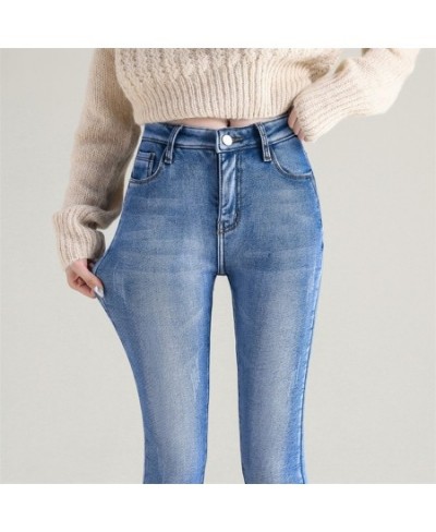 Women Thermal Jeans Winter Snow Warm Plush Stretch Jeans Lady Skinny Thicken Fleece Students Pants Female Retro Blue Trousers...