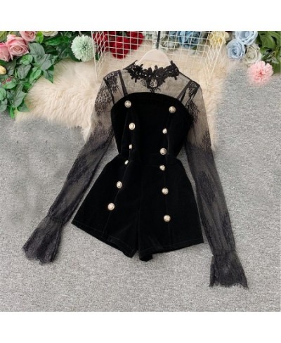 Two Set Autumn Long Sleeve Lace Embroidery Shirt Women Double Breasted Playsuits Slim Velvet Jumpsuits Female Bodysuit Suit $...