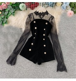 Two Set Autumn Long Sleeve Lace Embroidery Shirt Women Double Breasted Playsuits Slim Velvet Jumpsuits Female Bodysuit Suit $...