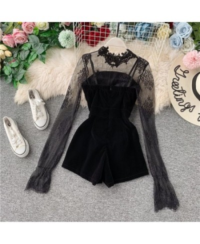 Two Set Autumn Long Sleeve Lace Embroidery Shirt Women Double Breasted Playsuits Slim Velvet Jumpsuits Female Bodysuit Suit $...