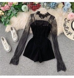 Two Set Autumn Long Sleeve Lace Embroidery Shirt Women Double Breasted Playsuits Slim Velvet Jumpsuits Female Bodysuit Suit $...