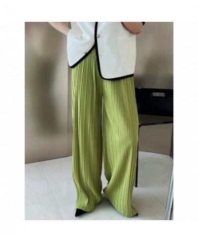 Solid Pleated Wide Leg Pants Green Beige Women's Summer New Loose Casual Pleated Thin Women Pleated Pants $48.32 - Bottoms