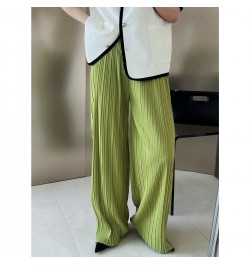 Solid Pleated Wide Leg Pants Green Beige Women's Summer New Loose Casual Pleated Thin Women Pleated Pants $48.32 - Bottoms