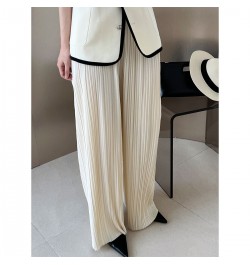 Solid Pleated Wide Leg Pants Green Beige Women's Summer New Loose Casual Pleated Thin Women Pleated Pants $48.32 - Bottoms