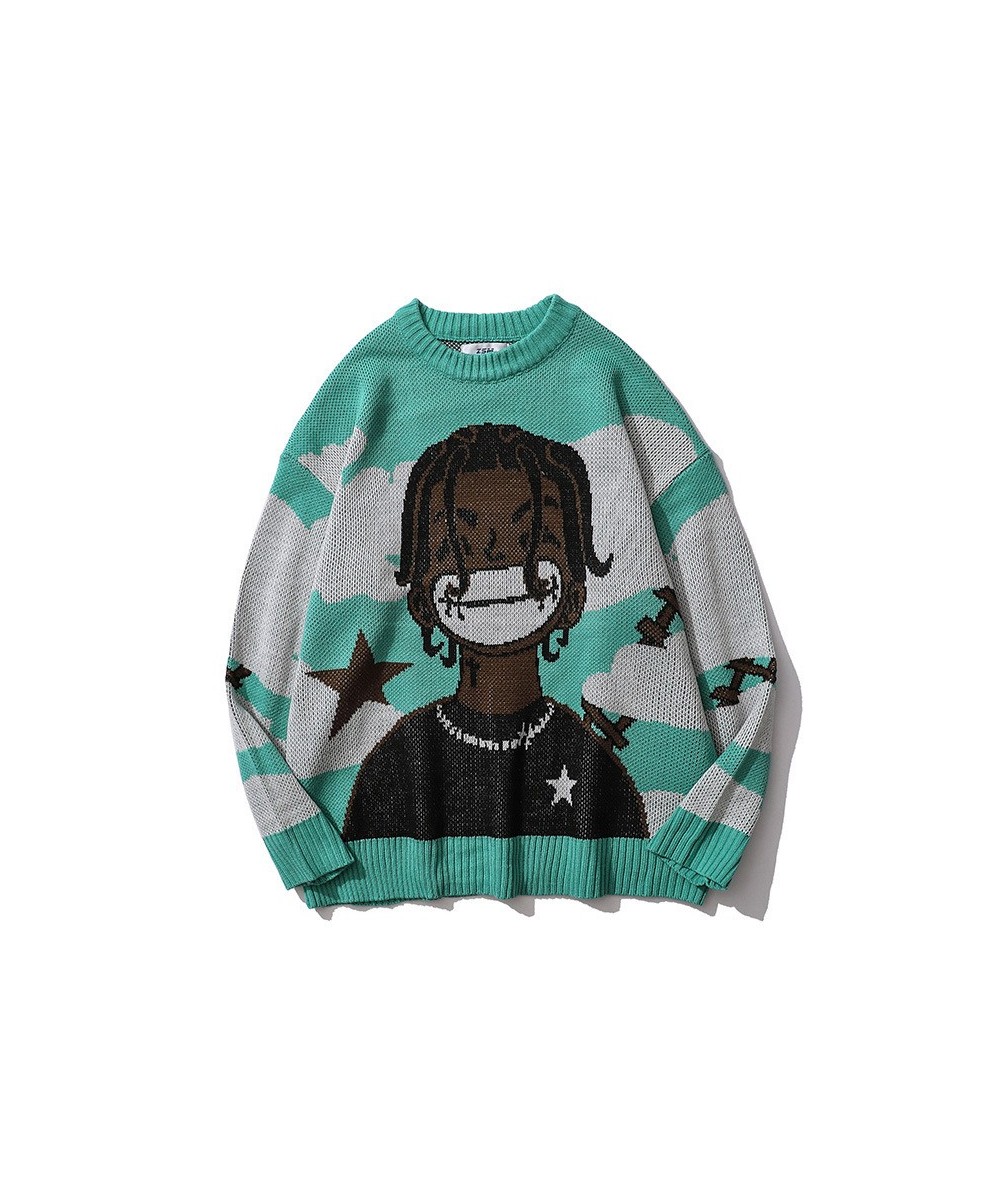 Harajuku Vintage Cartoon Anime Knitted Sweater Men Winter Oversized Rock Hip Hop Rap Pullover Women Jumper Sweater $51.33 - S...