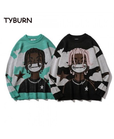 Harajuku Vintage Cartoon Anime Knitted Sweater Men Winter Oversized Rock Hip Hop Rap Pullover Women Jumper Sweater $51.33 - S...