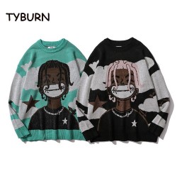 Harajuku Vintage Cartoon Anime Knitted Sweater Men Winter Oversized Rock Hip Hop Rap Pullover Women Jumper Sweater $51.33 - S...