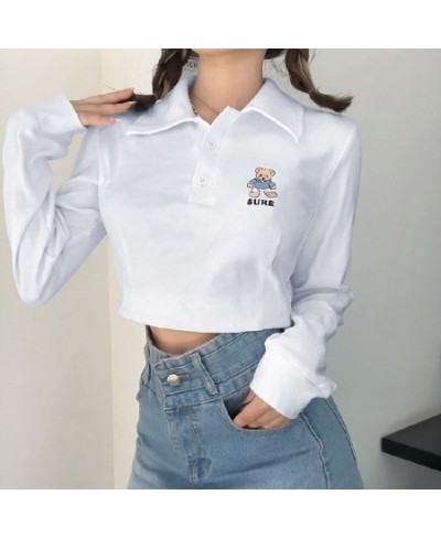 Simple Little Embroidery bear Basic Turn Down Collar Solid Long sleeve Crop Top Female Harajuku White Women Shirts Tops Y2k $...