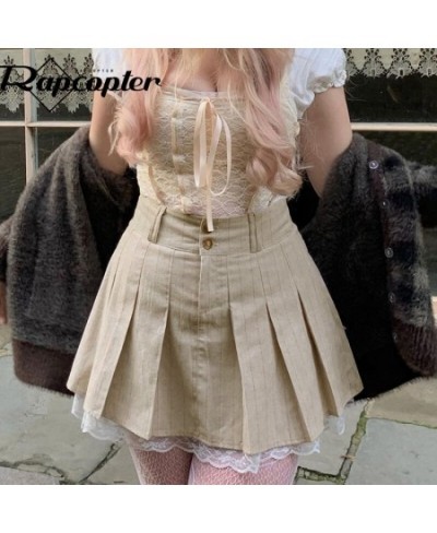 Khaki Lace Pleated Skirts Vintage High Waisted Mini Skirts y2k Prepply Korean Style Short Skirts Women Cosplay Buttom $40.26 ...