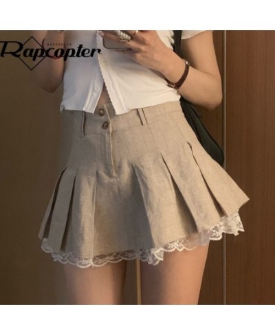 Khaki Lace Pleated Skirts Vintage High Waisted Mini Skirts y2k Prepply Korean Style Short Skirts Women Cosplay Buttom $40.26 ...