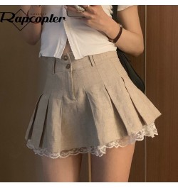 Khaki Lace Pleated Skirts Vintage High Waisted Mini Skirts y2k Prepply Korean Style Short Skirts Women Cosplay Buttom $40.26 ...