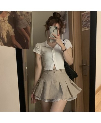 Khaki Lace Pleated Skirts Vintage High Waisted Mini Skirts y2k Prepply Korean Style Short Skirts Women Cosplay Buttom $40.26 ...