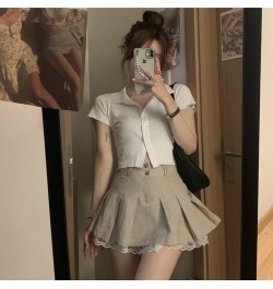 Khaki Lace Pleated Skirts Vintage High Waisted Mini Skirts y2k Prepply Korean Style Short Skirts Women Cosplay Buttom $40.26 ...