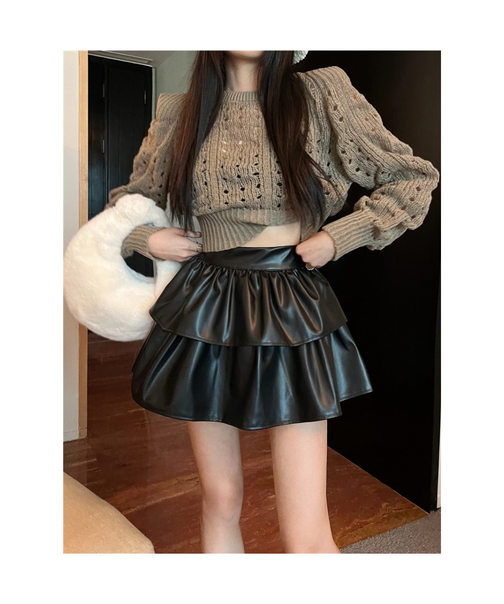 Sexy Skirts Women PU Leather High Waist Solid Autumn Winter Moto Biker Ruffles Puffy Layered Underskirt Ladies Mini Skirt $39...