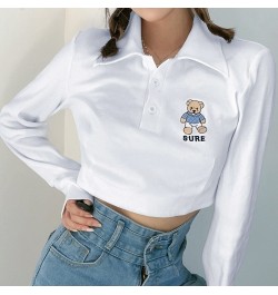 Simple Little Embroidery bear Basic Turn Down Collar Solid Long sleeve Crop Top Female Harajuku White Women Shirts Tops Y2k $...