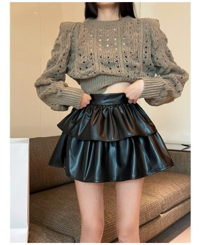 Sexy Skirts Women PU Leather High Waist Solid Autumn Winter Moto Biker Ruffles Puffy Layered Underskirt Ladies Mini Skirt $39...