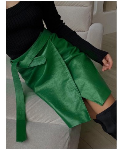 Faux Leather Pattern A-Line Skirt Women Fashion Elegant Solid Green High Waist Split Mini Skirts 2023 Autumn Gothic $43.04 - ...