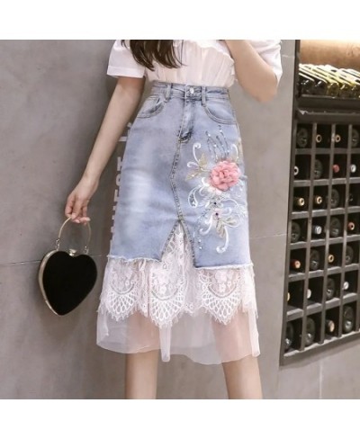Tulle Jean Skirts for Women 3D Floral Embroidery Lace Patchwork Light Blue Harajuku Jeans Skirt Denim Faldas Jupe $38.00 - Sk...