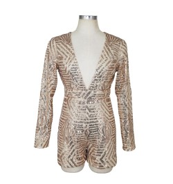 Women 4 Color Sequins Sexy Deep V Neck Long Sleeved Playsuit Autumn Sequin Jumpsuit $52.34 - Rompers