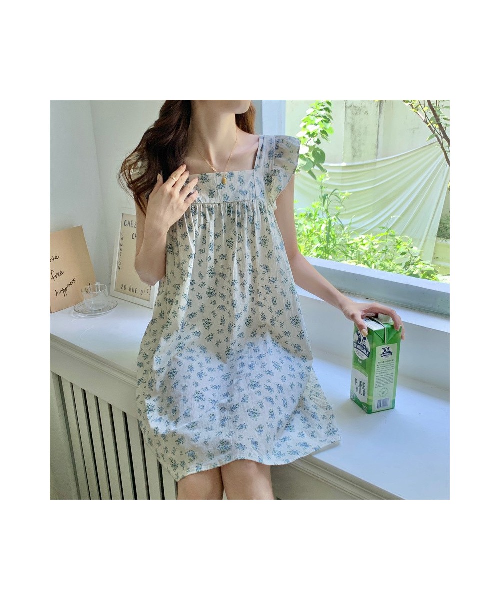 Summer Floral Print Cute Thin Nightgown Sleeveless Home Wear Clothes Dress Square Collar Mini Short Sleepdress Cotton Cloth $...