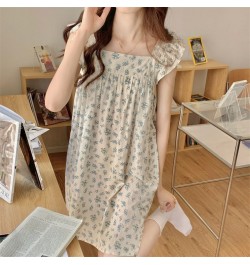 Summer Floral Print Cute Thin Nightgown Sleeveless Home Wear Clothes Dress Square Collar Mini Short Sleepdress Cotton Cloth $...