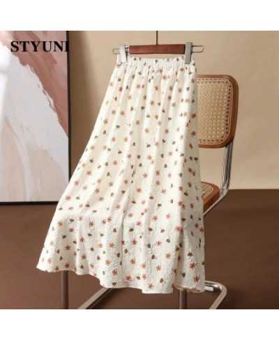 Floral polka dots cotton women's skirt 2022 summer three-dimensional decoration elastic waist A-line mid-calf skirts for wome...