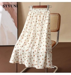 Floral polka dots cotton women's skirt 2022 summer three-dimensional decoration elastic waist A-line mid-calf skirts for wome...