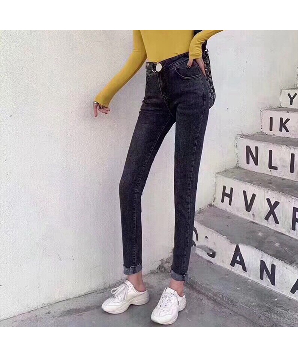 Spring Autumn High Waist Elastic Denim Pants Personality Waist Women's Slim Jeans $47.07 - Jeans