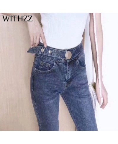 Spring Autumn High Waist Elastic Denim Pants Personality Waist Women's Slim Jeans $47.07 - Jeans