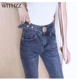 Spring Autumn High Waist Elastic Denim Pants Personality Waist Women's Slim Jeans $47.07 - Jeans