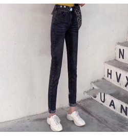 Spring Autumn High Waist Elastic Denim Pants Personality Waist Women's Slim Jeans $47.07 - Jeans