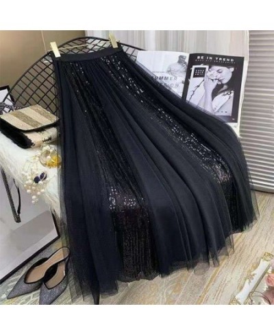 New Spring Summer Skirt All-match High Waist Large Hem Mesh Stitching Glitter A-line Skirt $34.52 - Skirts