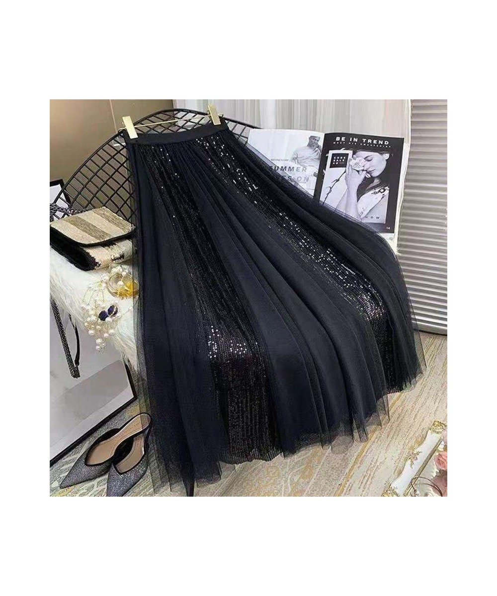 New Spring Summer Skirt All-match High Waist Large Hem Mesh Stitching Glitter A-line Skirt $34.52 - Skirts