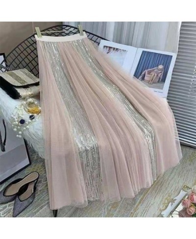 New Spring Summer Skirt All-match High Waist Large Hem Mesh Stitching Glitter A-line Skirt $34.52 - Skirts