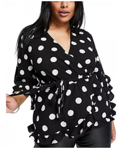 Plus Size Half Ruffle Sleeve Summer Fashion Chic T-shirt Women Sexy V-neck Polka Dot Print Wrap Tunic Tops Female Large Size ...