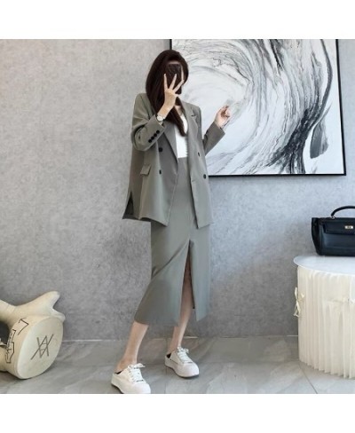 Spring and Autumn Solid Color Skirt Suit Female Long-sleeved Double-breasted Blazer & High Waist Open Pencil Skirt Female Sui...