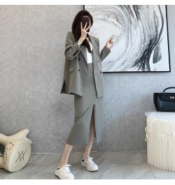 Spring and Autumn Solid Color Skirt Suit Female Long-sleeved Double-breasted Blazer & High Waist Open Pencil Skirt Female Sui...