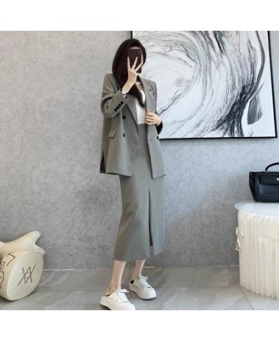 Spring and Autumn Solid Color Skirt Suit Female Long-sleeved Double-breasted Blazer & High Waist Open Pencil Skirt Female Sui...