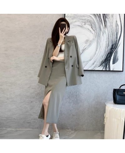 Spring and Autumn Solid Color Skirt Suit Female Long-sleeved Double-breasted Blazer & High Waist Open Pencil Skirt Female Sui...