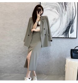 Spring and Autumn Solid Color Skirt Suit Female Long-sleeved Double-breasted Blazer & High Waist Open Pencil Skirt Female Sui...