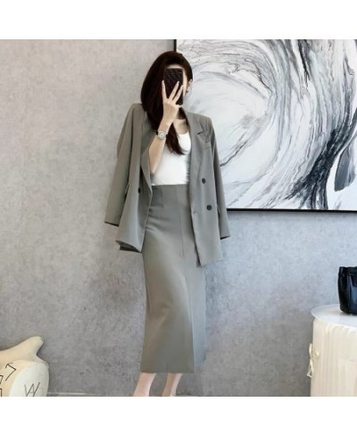 Spring and Autumn Solid Color Skirt Suit Female Long-sleeved Double-breasted Blazer & High Waist Open Pencil Skirt Female Sui...