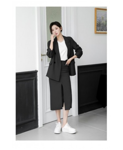 Spring and Autumn Solid Color Skirt Suit Female Long-sleeved Double-breasted Blazer & High Waist Open Pencil Skirt Female Sui...