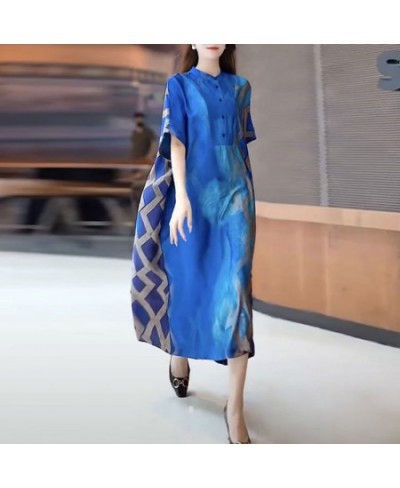 Summer Vintage Geometric Printed Long Dress Female Clothing Loose Fashion Button Stand Collar Elegant Casual Spliced Dresses ...