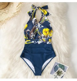 2023 sexy patchwork halter print one-piece women's swimsuit swimsuit $27.63 - Swimsuit