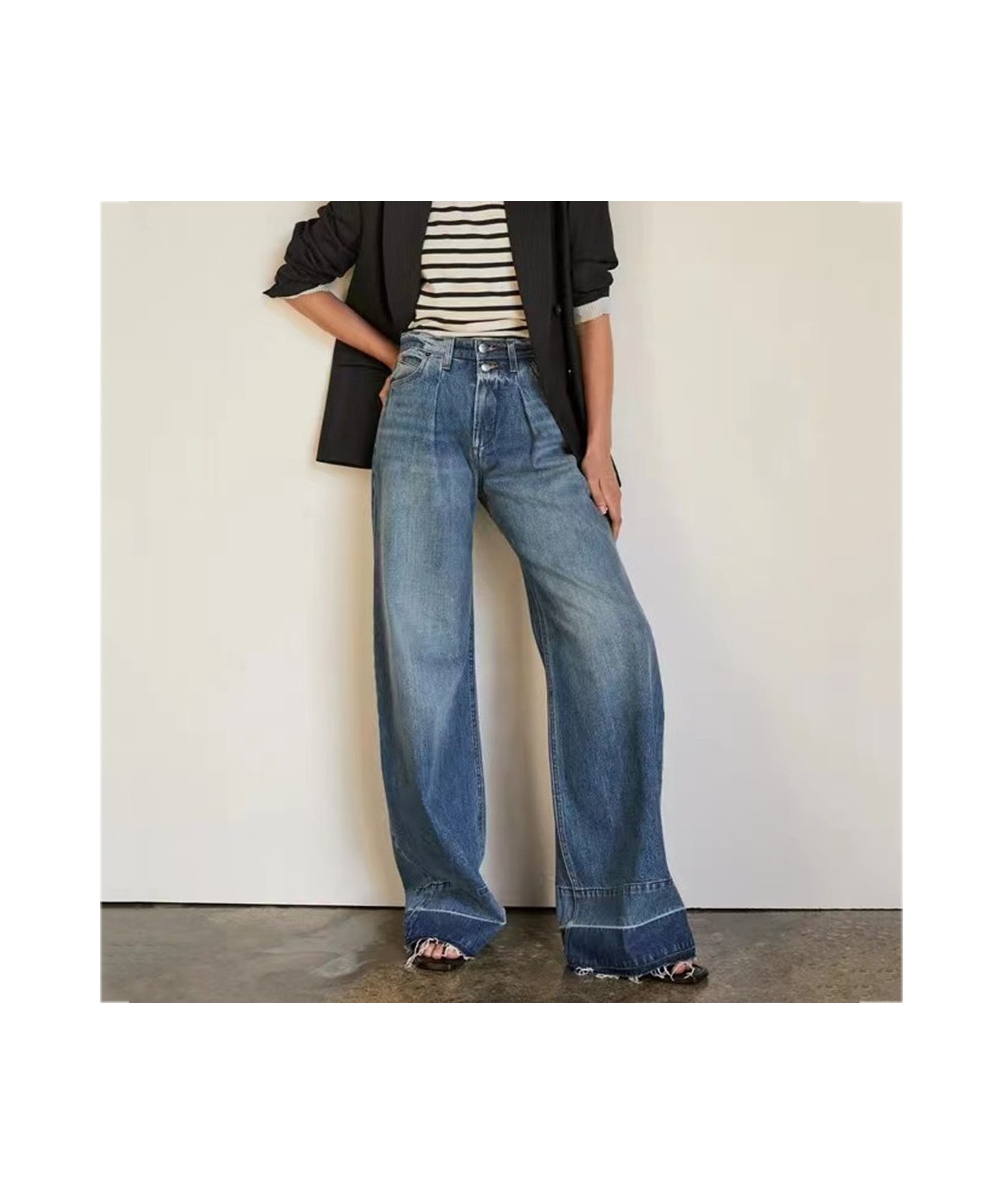 Buttons Classic Blue Straight Jeans Woman Summer High Waist Pockects Cotton Trousers Casual Vintage Denim Wide leg Pants $87....