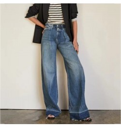 Buttons Classic Blue Straight Jeans Woman Summer High Waist Pockects Cotton Trousers Casual Vintage Denim Wide leg Pants $87....