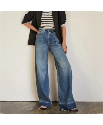 Buttons Classic Blue Straight Jeans Woman Summer High Waist Pockects Cotton Trousers Casual Vintage Denim Wide leg Pants $87....