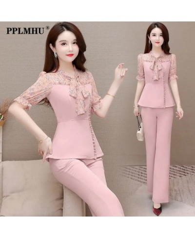 Summer Fashion 2 Piece Set Women Outfits Elegant Floral Print Bow Short Sleeve Slim Blouse + Wide Leg Pant Suits Ensemble Fem...